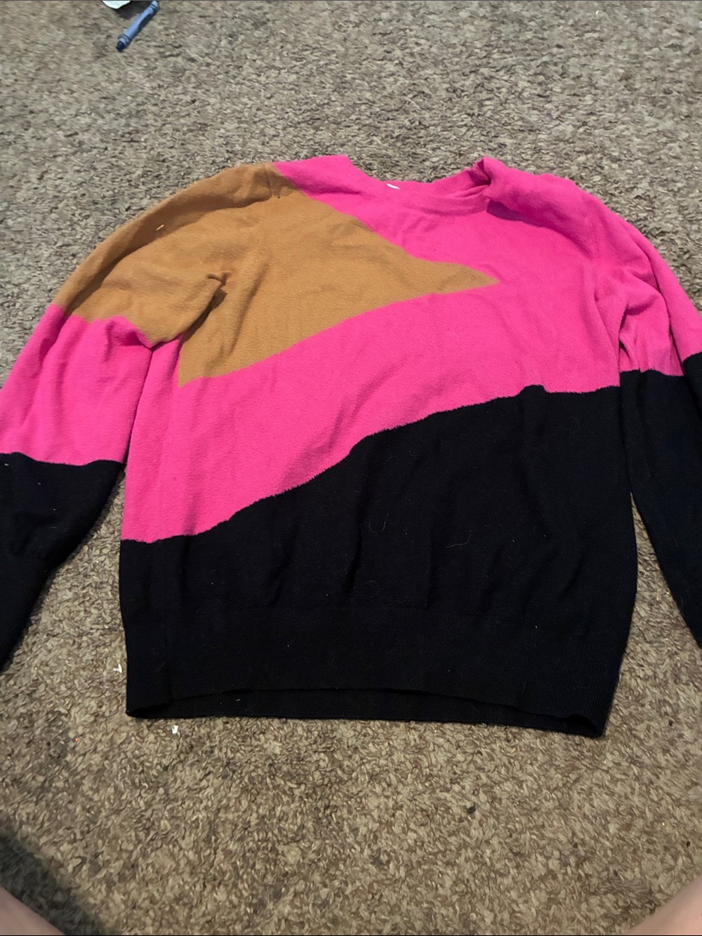 Colorblock Crewneck Sweater - Pink/Black/Tan